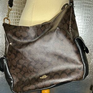 Coach Pennie Slouchy Coated Canvas Pebbled Leather Crossbody Brown Black Bag